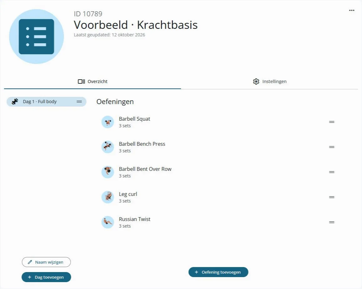 Programma met trainingsdagen en oefeningen in het dashboard