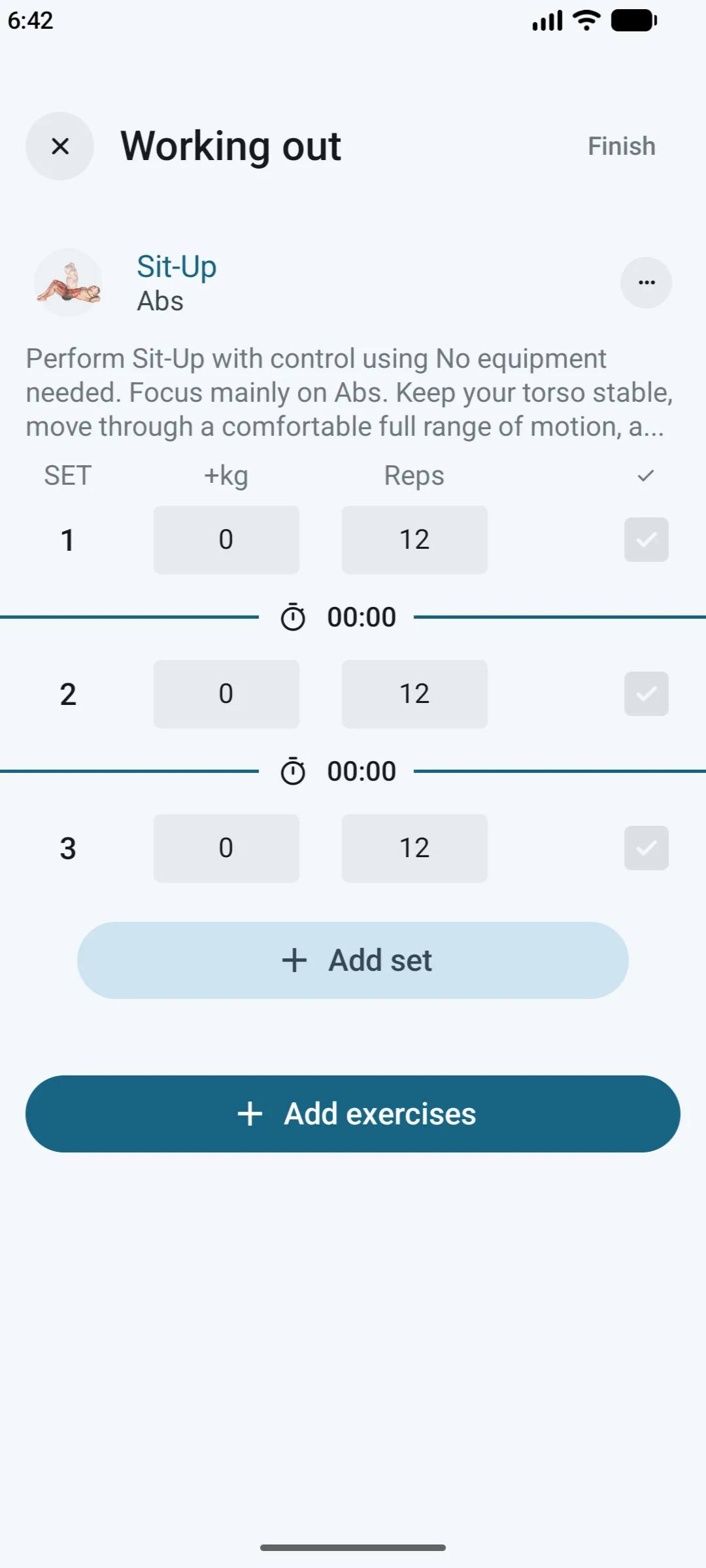 Het echte trainingsscherm voor Sit Up in Workouts Wizard