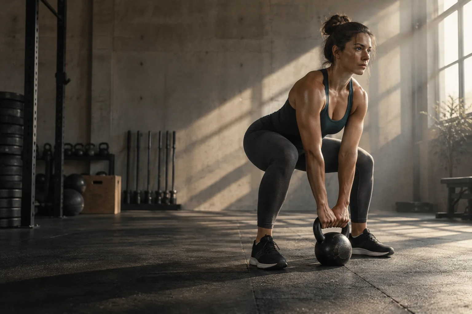 Sporter bereidt een kettlebelltraining voor in een zonnige studio
