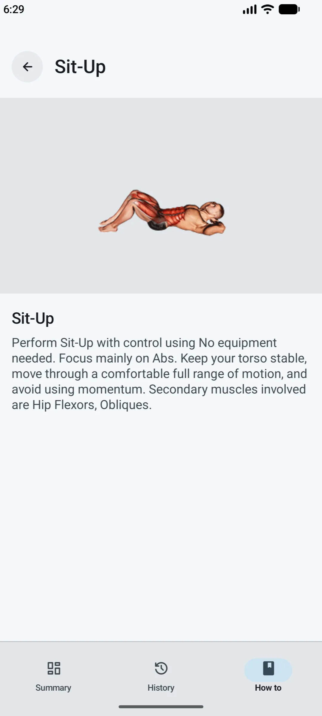 Sit Up illustratie en oefenuitleg in de echte app