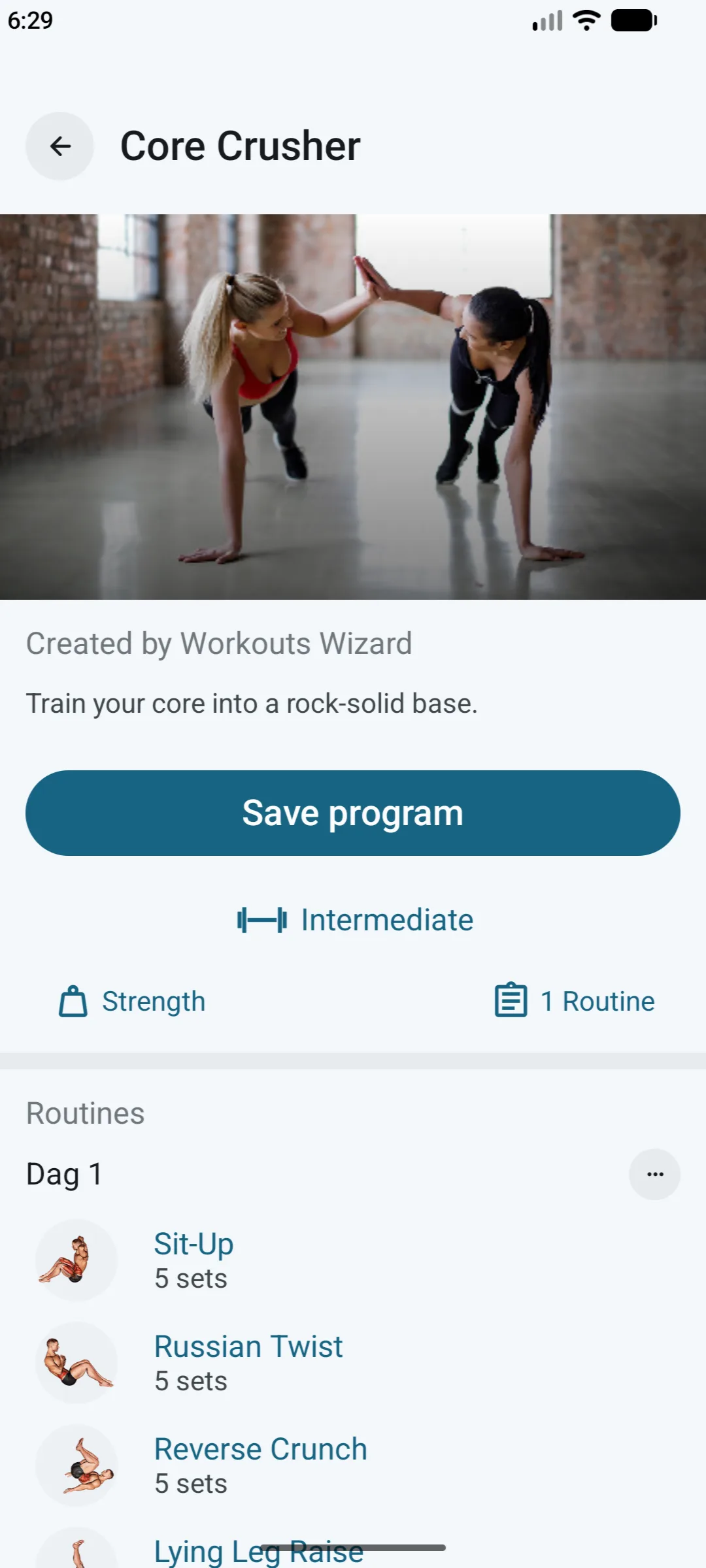 Core Crusher programma in de echte Workouts Wizard app