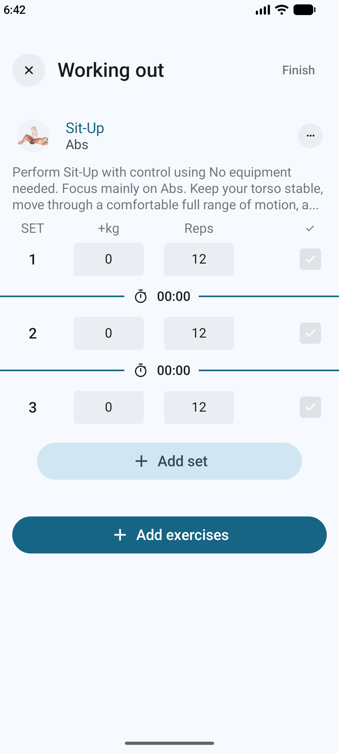 Een training in de Workouts Wizard app, met oefeningen en sets