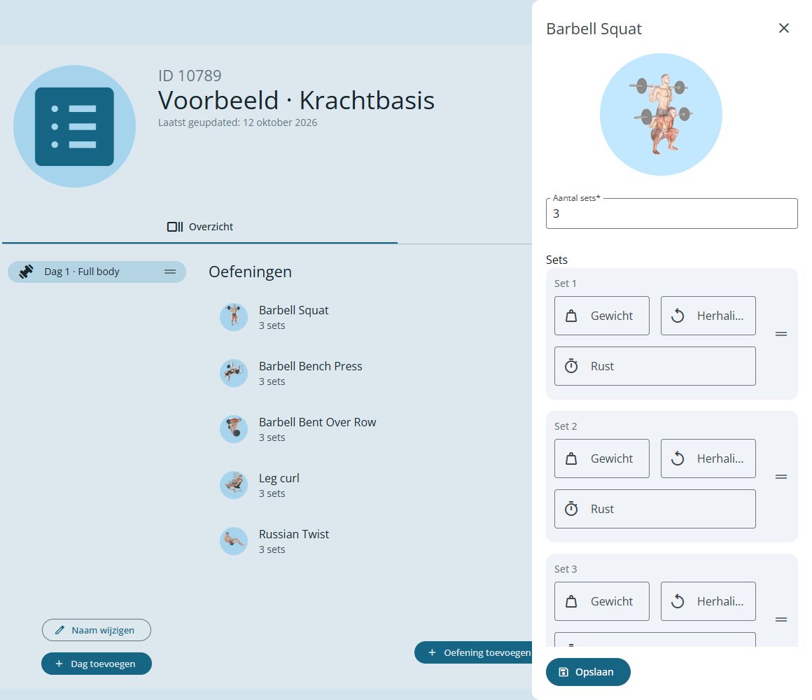 De echte schema-editor van Workouts Wizard, met oefeningen en setinstellingen